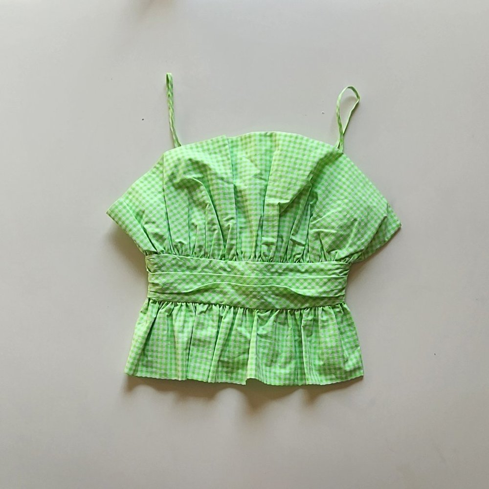 Zara Cotton Summer Top Lime Green Gingham, Spaghetti Sleeves Elasticated Waist S